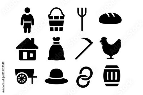 Medieval Peasant Icons. Medieval peasant. Solid icon set of medieval peasant: tunic, wooden bucket, pitchfork, loaf of bread, cottage, sack, scythe, chicken,