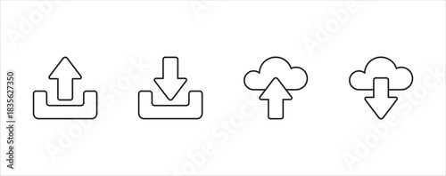 Download and upload icon button set. Icon symbol for download, upload, send file, document, receive, cloud upload, cloud download, cloud storage. Vector icon illustration.