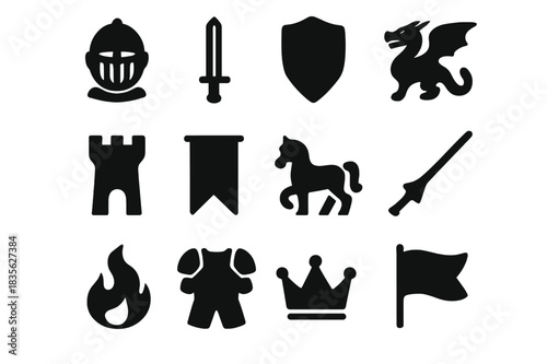 Medieval Icon Collection. Medieval Knights and Dragons. Solid icon set of Medieval Knights and Dragons: knight helmet, sword, shield, dragon, castle tower,