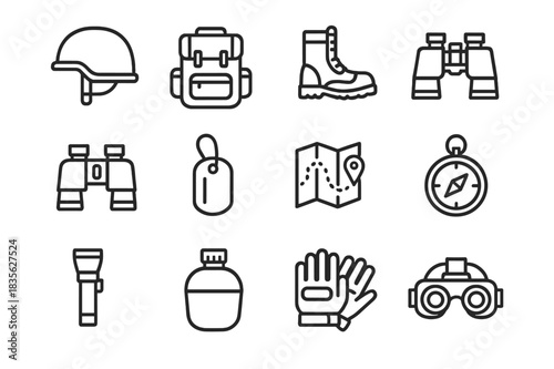 Military Gear Icons. Military gear. Line icon set of military gear: helmet, backpack, boots, rifle, binoculars, dog tag, map, compass, flashlight, canteen,