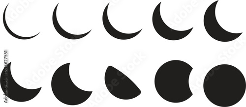 Moon phases progression in black and white illustration