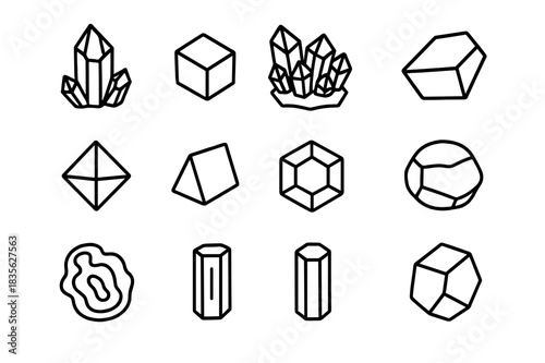 Mineral Icon Collection. Mineral specimens. Line icon set of mineral specimens: quartz crystal, pyrite cube, amethyst cluster, calcite rhomboid, fluorite