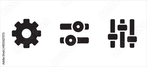 Icon symbol set for setting, adjustment, preference, option, customization, setup, configuration, control, maintenance, equalizer. Vector icon collection. Gear and equalizer icons.
