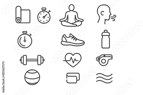 Mindfulness in Sports Icons. Mindfulness in Sports. Line icon set of Mindfulness in Sports: yoga mat, meditation pose, breathing exercise, stopwatch, running