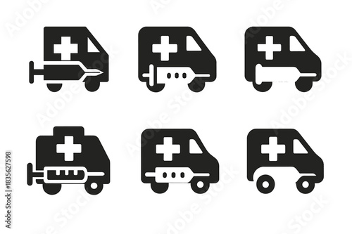 Mobile Medical Logos. Mobile medical unit. Icon set. Set Logo of mobile medical unit: medical syringe. harmonious logo variations of the same emblematic
