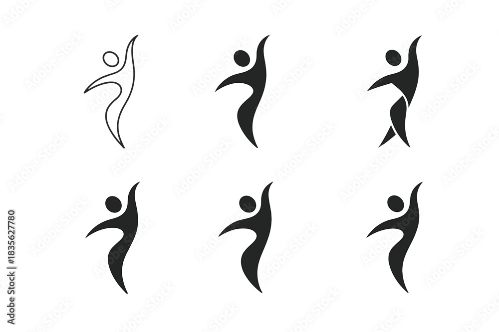 Fototapeta premium Movement Meditation Icons. movement meditation. Icon set. Set Logo of movement meditation: flowing body silhouette. harmonious logo variations of the same