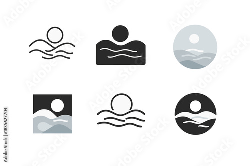 Morning Fog Logos. Morning Fog. Icon set. Set Logo of morning fog: low-lying mist over hills. harmonious logo variations of the same emblematic concept, each