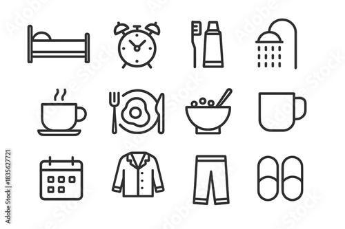 Morning Routine Icons. Morning Routine. Line icon set of Morning Routine: bed, alarm clock, toothbrush, toothpaste, shower, coffee cup, breakfast plate, cereal