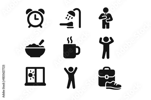 Morning Routine Icons. Morning routine. Solid icon set of Morning routine: alarm clock, toothbrush, shower, breakfast bowl, coffee mug, getting dressed,