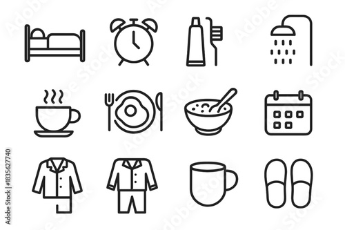 Morning Routine Icons. Morning Routine. Line icon set of Morning Routine: bed, alarm clock, toothbrush, toothpaste, shower, coffee cup, breakfast plate, cereal
