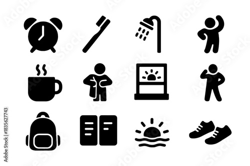 Morning Routine Icons. Morning routine. Solid icon set of Morning routine: alarm clock, toothbrush, shower, breakfast bowl, coffee mug, getting dressed,