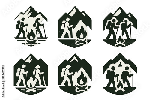 Mountain Hiking Logos. People hiking in the mountains on a warm day. Icon set. Set Logo of hiking: campfire by the mountains. harmonious logo variations of the