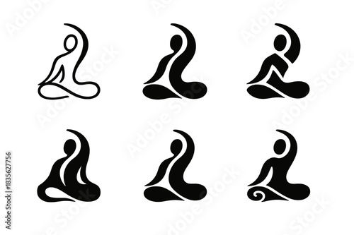 Movement Meditation Icons. movement meditation. Icon set. Set Logo of movement meditation: flowing body silhouette. harmonious logo variations of the same