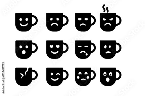 Mug Emotions Icons. Mug emotions. Solid icon set of Mug emotions: happy mug, sad mug, sleepy mug, angry mug, surprised mug, love mug, tired mug, steaming mug,