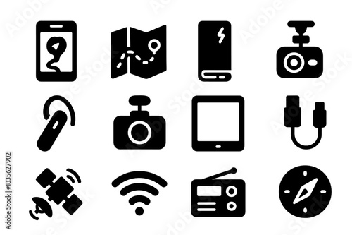Navigation Tech Icons. Navigation and Tech. Solid icon set of Navigation and Tech: smartphone GPS, route map, power bank, car mount, Bluetooth headset,