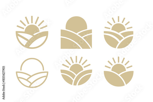 Nature's Creative Logos. Nature?s Beauty as a Source of Creativity. Icon set. Set Logo of Nature?s Beauty as a Source of Creativity: sunbeam over meadow.