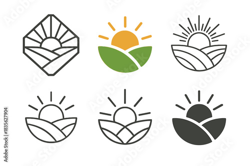 Nature's Creative Logos. Nature?s Beauty as a Source of Creativity. Icon set. Set Logo of Nature?s Beauty as a Source of Creativity: sunbeam over meadow.