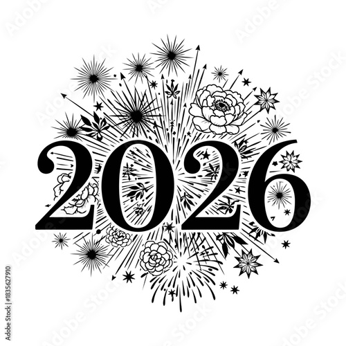Decorative 2026 numbers with floral fireworks silhouette clean festive New Year graphic