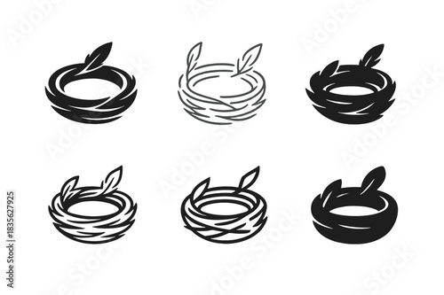 Nest Logo Variations. Nest. Icon set. Set Logo of nest: feather-lined nest close-up. harmonious logo variations of the same emblematic concept, each with