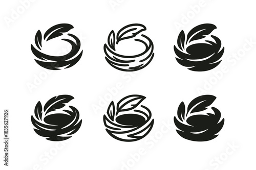 Nest Logo Variations. Nest. Icon set. Set Logo of nest: feather-lined nest close-up. harmonious logo variations of the same emblematic concept, each with