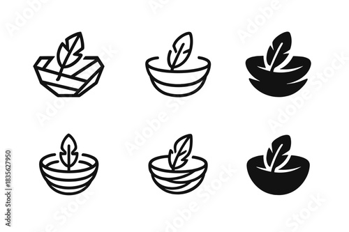 Nest Logo Variations. Nest. Icon set. Set Logo of nest: nest with single feather emblem. harmonious logo variations of the same emblematic concept, each with