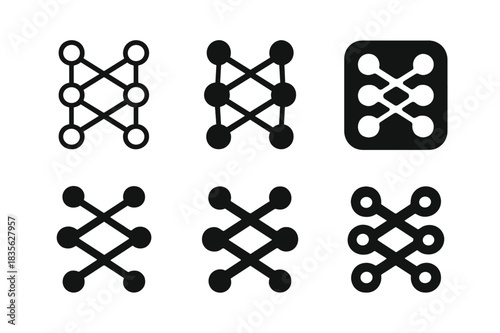 Neural Network Logos. AI. Icon set. Set Logo of neural network nodes. harmonious logo variations of the same emblematic concept (Symmetrical form, Minimal