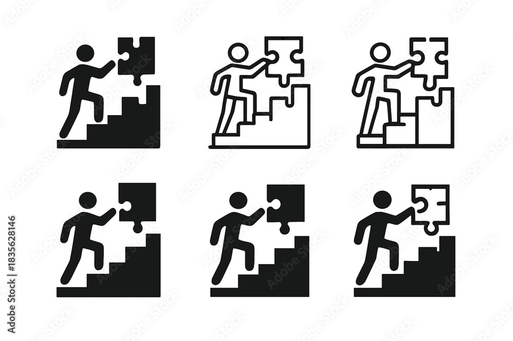 Fototapeta premium Overcoming Challenges Icons. Person overcoming challenges. Icon set. Set Logo of Person overcoming challenges: Puzzle piece completion. harmonious logo