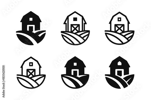 Organic Farming Icons. Organic farming without high-tech interventions. Icon set. Set Logo of organic farming without high-tech interventions: barn and field.