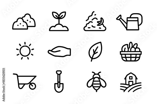 Organic Farming Icons. Organic Farming. Line icon set of Organic Farming: soil, seedling, compost, watering can, sun, hand, leaf, basket, wheelbarrow, shovel,