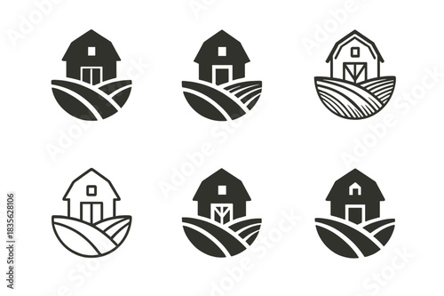 Organic Farming Icons. Organic farming without high-tech interventions. Icon set. Set Logo of organic farming without high-tech interventions: barn and field.