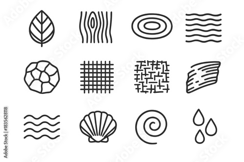 Organic Texture Icons. Organic textures. Line icon set of organic textures: leaf vein, wood grain, ripple, sand pattern, rock surface, fabric weave, paper