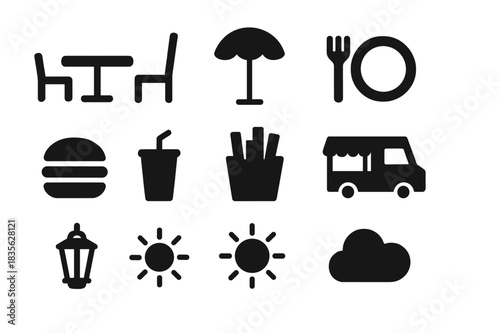 Outdoor Dining Icons. Outdoor dining. Solid icon set of outdoor dining: table, chair, umbrella, plate, fork, burger, drink cup, fries, food truck, lantern,
