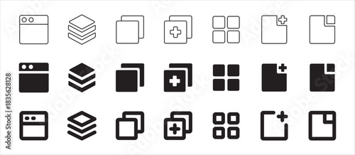 Icon symbol set for browser graphic user interface. Contains multiple window application, more tabs, new, add, maximize, minimize, more. Vector icon illustration.