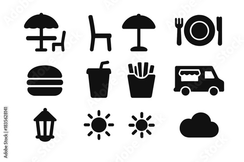 Outdoor Dining Icons. Outdoor dining. Solid icon set of outdoor dining: table, chair, umbrella, plate, fork, burger, drink cup, fries, food truck, lantern,