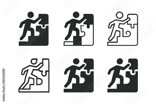 Overcoming Challenges Icons. Person overcoming challenges. Icon set. Set Logo of Person overcoming challenges: Puzzle piece completion. harmonious logo