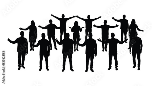 Group of people silhouettes with open arms isolated on white background, Vector