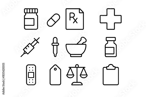 Pharmacy Icon Set. Pharmacy. Line icon set of pharmacy: pill bottle, capsule, prescription paper, cross sign, syringe, dropper, mortar and pestle, vial,