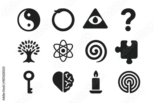 Philosophical Symbols Grid. Philosophical symbols. Solid icon set of Philosophical symbols: yin yang, ouroboros, eye of providence, question mark, tree of