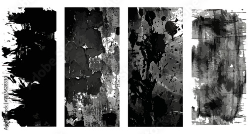 Textured Industrial Rectangles, abstract, minimalist, industrial, textured, high contrast, black and white, geometric, vertical rectangles, distressed surface, splattered effect, rough png texture,