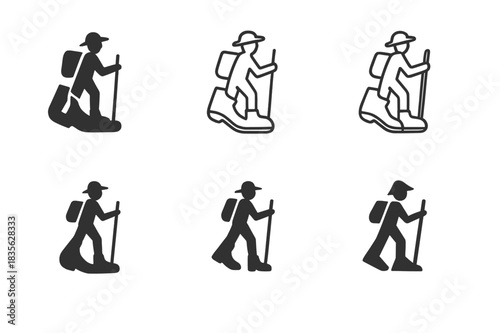 Pilgrimage Icon Variations. Holy pilgrimage. Icon set. Set Logo of Holy pilgrimage: Pilgrim with walking shoes. harmonious logo variations of the