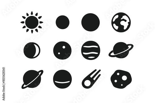 Planetary Icons Grid. Planetary system. Solid icon set of planetary system: sun, mercury, venus, earth, moon, mars, jupiter, saturn, uranus, neptune, comet,