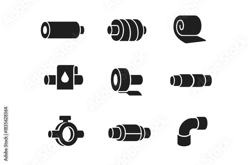 Pipe Insulation Icons. Pipe insulation. Solid icon set of Pipe insulation: insulated pipe, foam wrap, fiberglass roll, vapor barrier, thermal tape, jacketed