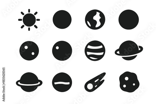 Planetary Icons Grid. Planetary system. Solid icon set of planetary system: sun, mercury, venus, earth, moon, mars, jupiter, saturn, uranus, neptune, comet,