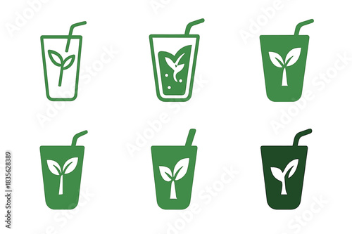 Plant-Based Logo Variations. Plant-Based Diet. Icon set. Set Logo of Plant-Based Diet: green smoothie glass. harmonious logo variations of the same emblematic