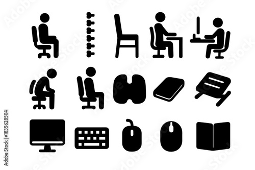 Posture Icon Set. Posture Monitoring. Solid icon set of person sitting, spine, chair, desk, monitor, keyboard, mouse, posture icon, lumbar support, cushion,