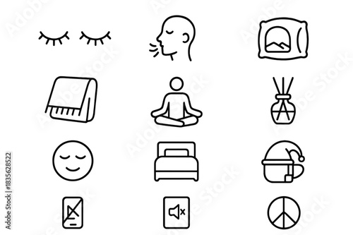 Pre-Sleep Relaxation Icons. Relaxation before sleep. Line icon set of relaxation before sleep: closed eyes, deep breath icon, meditation pose, warm blanket,