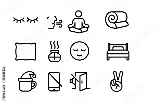 Pre-Sleep Relaxation Icons. Relaxation before sleep. Line icon set of relaxation before sleep: closed eyes, deep breath icon, meditation pose, warm blanket,