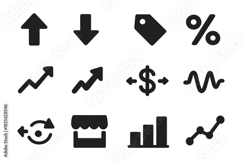 Price Changes Icons. Price changes. Solid icon set of Price changes: up arrow, down arrow, price tag, percentage icon, chart line, trend arrow, currency