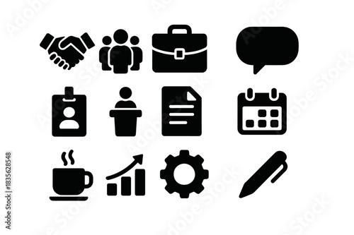 Professional Networking Icons. Professional networking. Solid icon set of professional networking: handshake, people group, briefcase, speech bubble, name