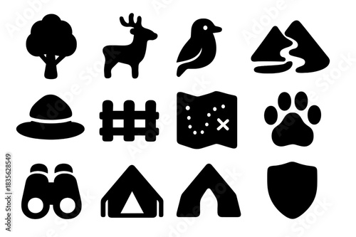 Protected Wildlife Icons. Protected wildlife reserves. Solid icon set of protected wildlife reserves: tree, deer, bird, mountain, river, ranger hat, fence,